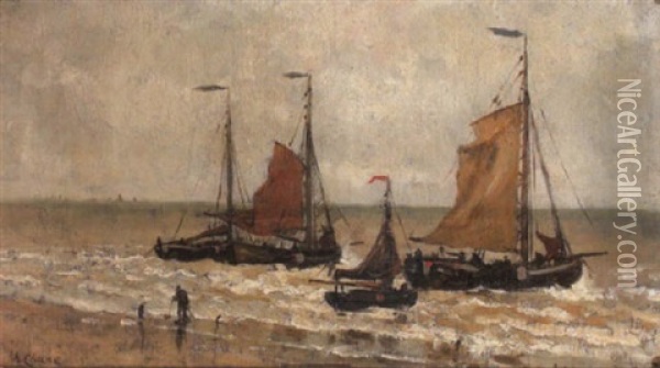 Sailing Vessels At Shore Oil Painting - Henry Chase