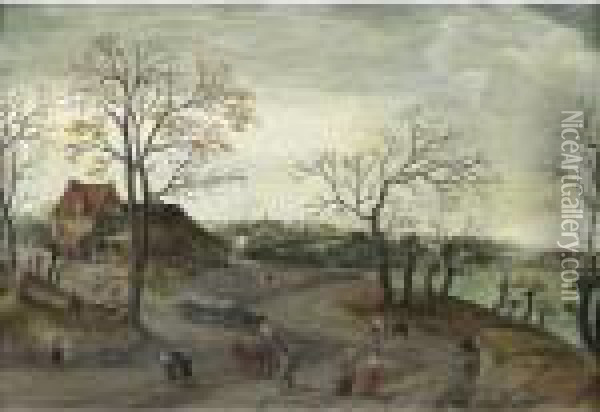 Autumn: A River Landscape With Peasants And Woodcutters On A Road Near A Village Oil Painting - Abel Grimmer