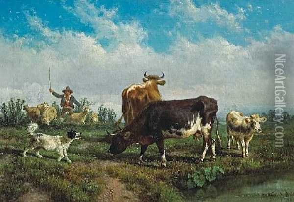 An Extensive Italianate Landscape With A Young Girl With Her Farm Animals In The Foreground (+ Another; Pair) Oil Painting - Antonio Milone