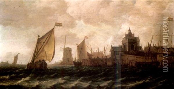 Dutch Pinks In Choppy Waters Off The Coast Of Dordrecht Oil Painting - Wouter Knijff