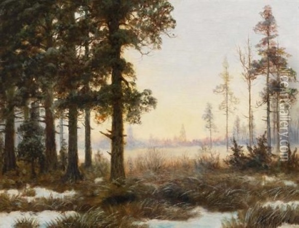 Waldlichtung An Einem Sonnigen Spatwintertag Oil Painting - Vladimir Leodinovitch (Comte de) Muravioff