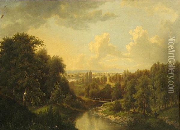 A Calm River Landscape With Figures On A Pathin The Foreground Oil Painting - Joseph Burgaritski