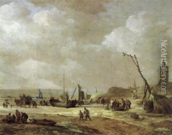 Kustenlandschaft Mit Einem Turm Und Vielen Figuren Oil Painting - Adriaen Van Der Cabel