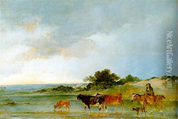 A Mounted Peasant And Her Cattle Fording Stream Oil Painting - Philip James de Loutherbourg