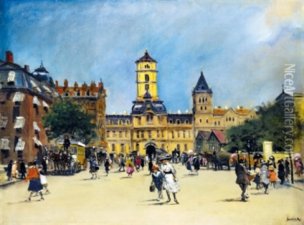 Early Autumn Mood On A City Square Oil Painting - Antal Berkes