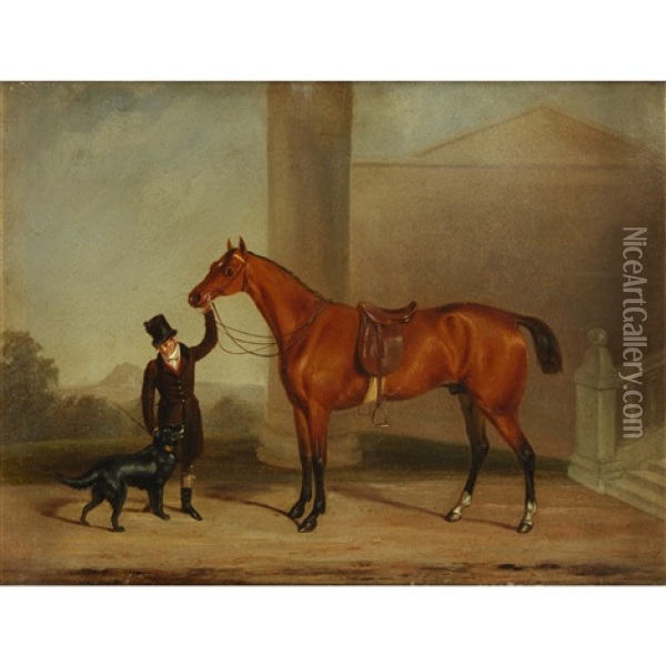 Bay Hunter With Groom Oil Painting - John E. Ferneley