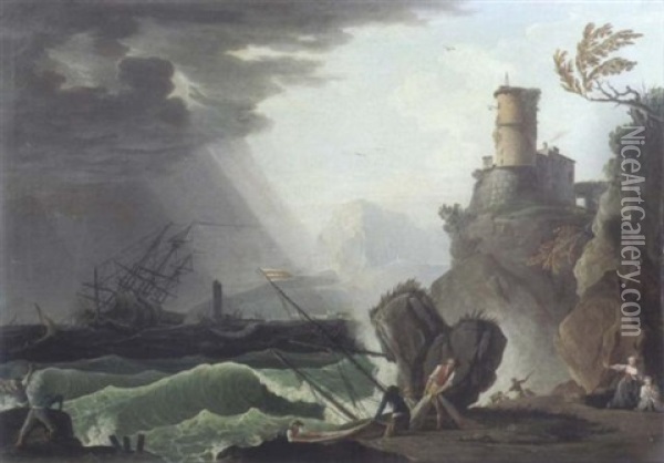 Pecheurs Sur Les Bords D'un Rivage Agite Oil Painting - Charles Francois Lacroix