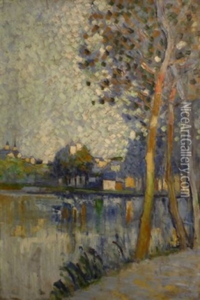 Paysage De Riviere D'inspiration Pointilliste Oil Painting - Pierre De Belay
