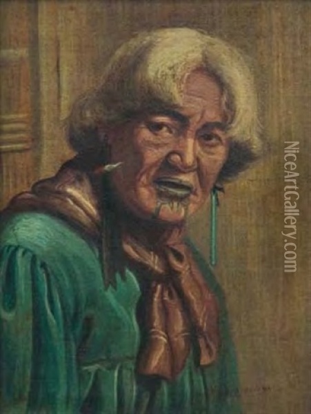 Maori Woman With Moko And Greenstone Earring Oil Painting - Vera Cummings