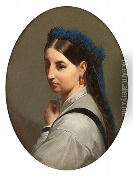 Jeune Femme A La Coiffe Bleue Oil Painting - Joseph Van Severdonck