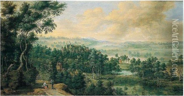 An Extensive Wooded Landscape With A Chateau Oil Painting - Lucas Van Uden