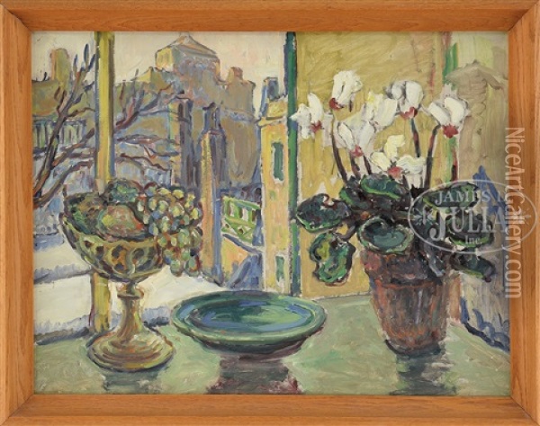 Two Works: Still Life With City View Beyond & Still Life With Iris And Geranium Oil Painting - Russell Cheney