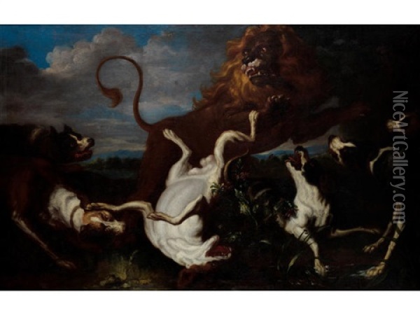 A Lion Hunt Oil Painting - David de Coninck