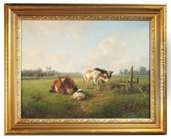 Wide Meadow With Cows At A Feeding Through Oil Painting - Jan Bedijs Tom