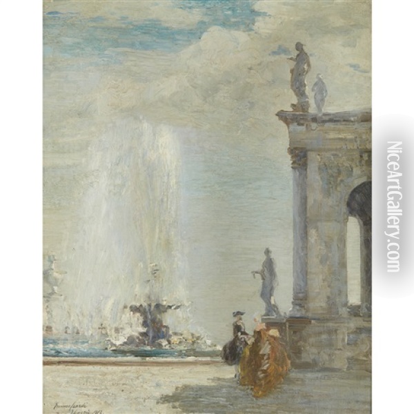 Couple By A Fountain Oil Painting - Emma Ciardi
