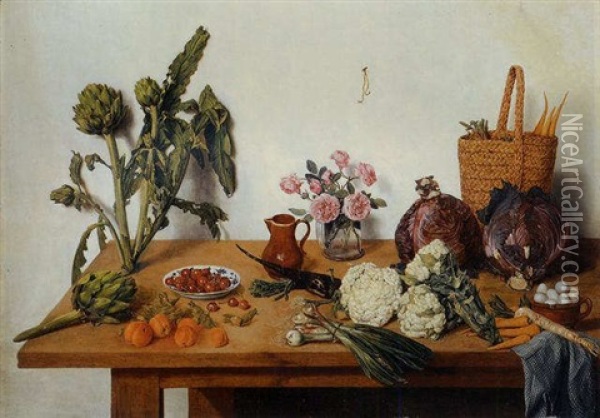 Cauliflower, Onion, Peaches, Cherries, Artichokes, Roses In A Glass Vase, A Jug, A Basket With Carrots, Cabbages And Eggs With A Blue Cloth On A Table Oil Painting - Jan Josef Horemans the Younger