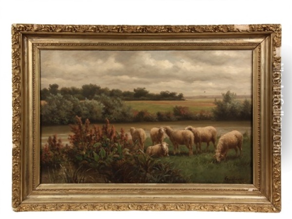 Pastoral Scene With Flock Of Sheep, Signed Lower Right, In Original Gold Oil Painting - Louis Constant Guillaume