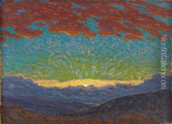 Solnedgang Pa Fjallet Oil Painting - Pelle Swedlund