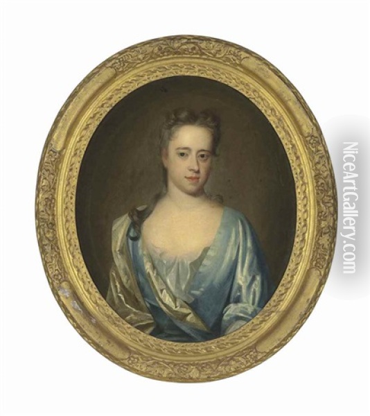 Portrait Of A Lady, Traditionally Identified As A Lady Of The Edwardes Family, Half-length, In A Blue Dress And A Cream Satin Wrap Oil Painting - Michael Dahl
