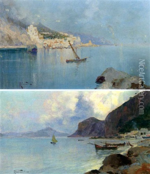 Fishing Boats In The Bay Of Naples (+ A Fishing Boat Near A Neapolitan Port; 2 Works) Oil Painting - Oscar Ricciardi