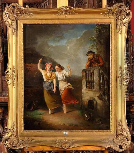 Vieil Homme Admirant Deux Jeunes Filles Sautant A La Corde Oil Painting - Jean Baptiste De Landtsheer