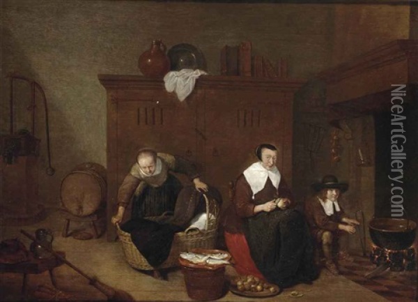 A Kitchen Interior With A Maid Peeling Turnips, A Woman Tending To A Baby And A Boy Warming His Hands By The Fire Oil Painting - Quiringh Gerritsz van Brekelenkam