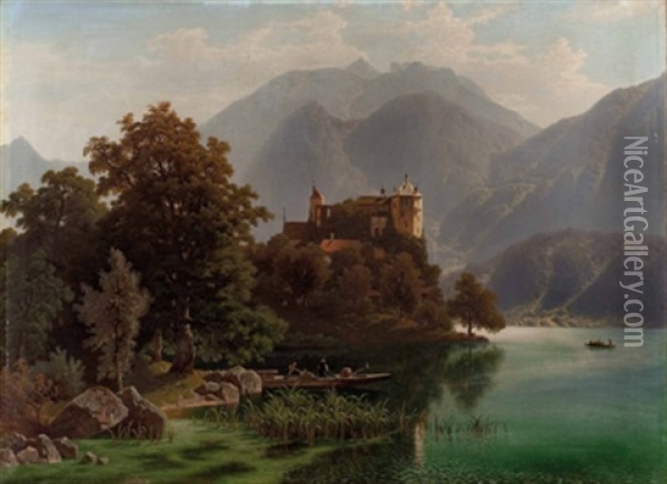 Alpine Seelandschaft Mit Burg (golling) Oil Painting - Theodor (Wilhelm T.) Nocken