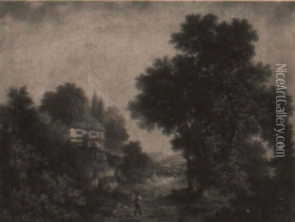 Wooded Landscape With Figures And Cottage Oil Painting - Thomas Gainsborough