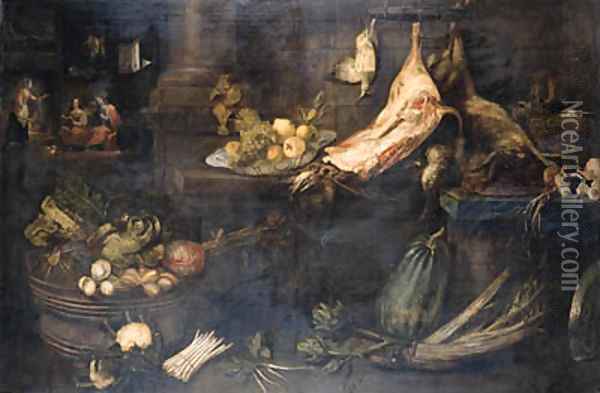 A kitchen with dead snipe, a leg of ham and a dead hare hanging from hooks above stone ledges with dead songbirds in a copper bucket Oil Painting - Frans Ykens