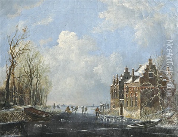 Hollandische Winterlandschaft Mit Schlittschuhlaufern Auf Einem Gefrorenen Kanal Oil Painting - Hendrik Gerrit ten Cate