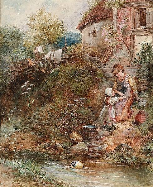 The Washing Day Oil Painting - Myles Birket Foster