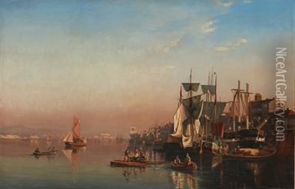Harbour Scene At Sunrise, England Oil Painting - Albinia Schaffalitzky de Muckadell