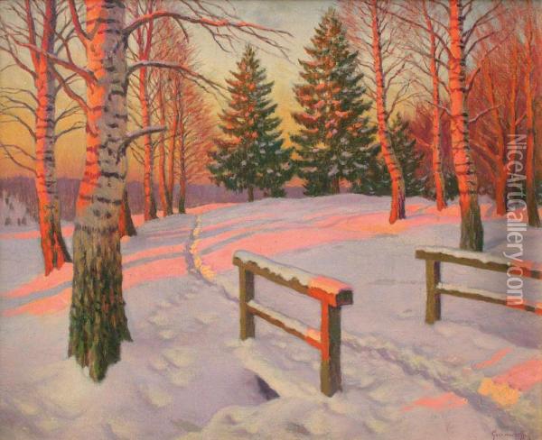 Couchee De Soleil En Foret Enneigee Oil Painting - Mikhail Markianovich Germanshev