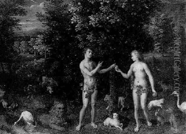 Adam Und Eva In Paradieslandschaft Oil Painting - Johannes Jakob Hartmann