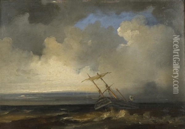 Ship In Stormy Sea Oil Painting - Petrus Jan (Johannes) Schotel
