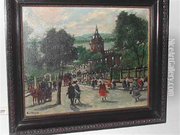 Sommerdag Med Spadserende Pa Hovedgaden Oil Painting - Antal Berkes