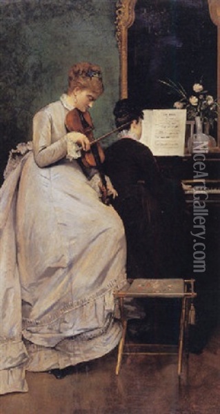 The Music Lesson Oil Painting - Charles Louis Verwee