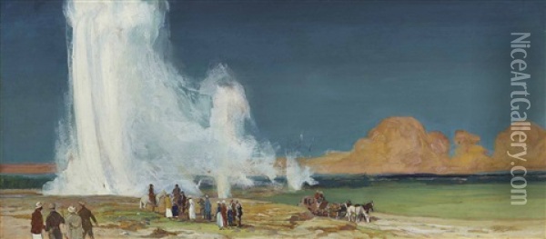 Old Faithful, Yellowstone Oil Painting - Oscar Edmund Berninghaus