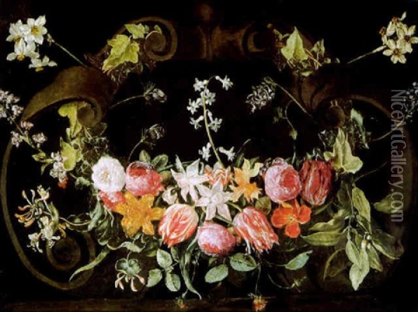 Blumengirlande Vor Einer Steinernen Barockkartusche Oil Painting - Christiaan Luycks