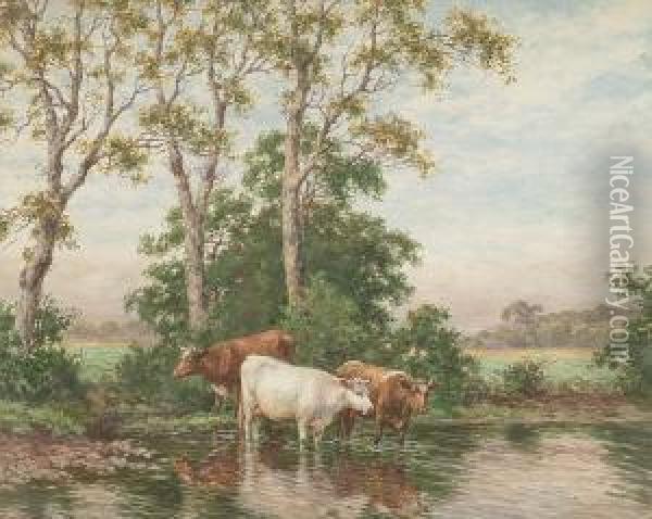 Cattle Watering Oil Painting - Joseph Dixon Clark