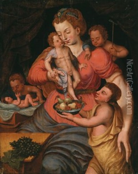 Madonna Mit Kind, Dem Johannesknaben Und Einem Eine Obstschale Anreichenden Engel Oil Painting - Frans Floris the Elder