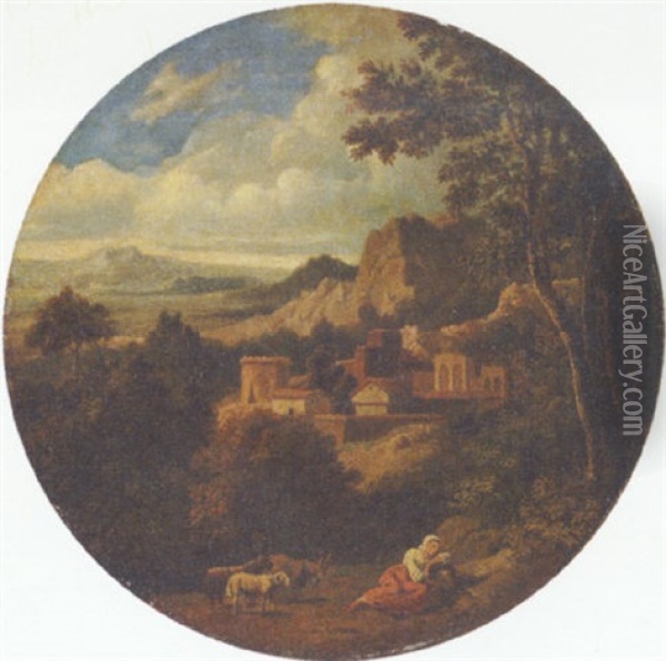 An Italianate Landscape With A Shepherdess Resting Oil Painting - Jan Frans van Bloemen