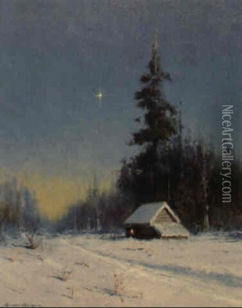 Night Trail And Cabin: The Guiding Light Oil Painting - Sydney Mortimer Laurence