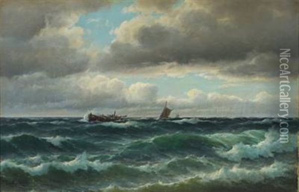 Vessels In Rough Sea Oil Painting - Carl Ludwig Bille
