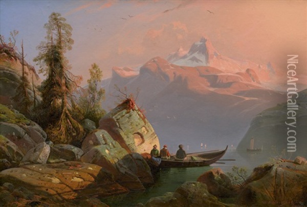 Abendstimmung An Einem Norwegischen Fjord Oil Painting - Franz Wilhelm Schiertz
