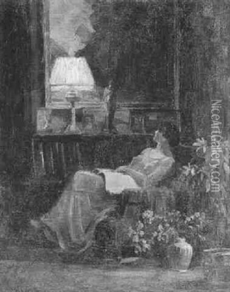 Interior Med Kvinde Siddende I Laenestol Med Opslaet Bog Oil Painting - Gerhard Lichtenberg Blom
