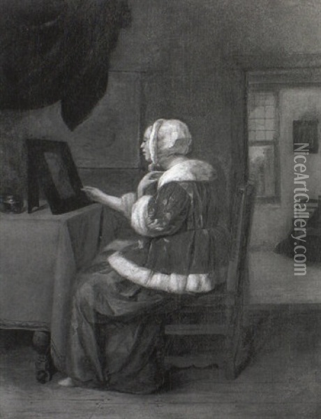 A Lady Seated In An Interior Observing Herself In A Mirror Oil Painting - Quiringh Gerritsz van Brekelenkam