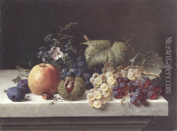 Grapes, Plums, Chestnuts, An Apple And A Vase Of Wild Flowers On A Marble Ledge Oil Painting - Emilie Preyer