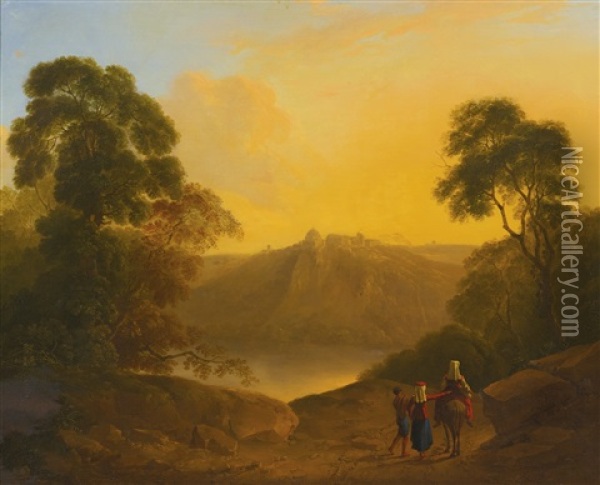 An Italianate Landscape With Travellers Oil Painting - Thomas Barker