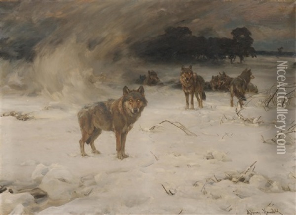 Wolves In A Snowstorm Oil Painting - Alfred von Wierusz-Kowalski